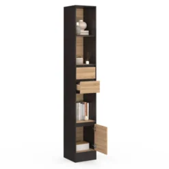 Etagère bibliothèque 190 cm 3 étagères 2 tiroirs 1 placard noir et effet bois