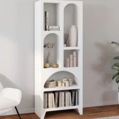 Etagère bibliothèque 6 compartiments style organique bois blanc