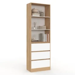 Etagère bibliothèque 3 niveaux 3 tiroirs blanc et effet bois