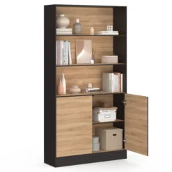 Etagère bibliothèque 3 niveaux XXL 1 placard noir et effet bois 190 cm