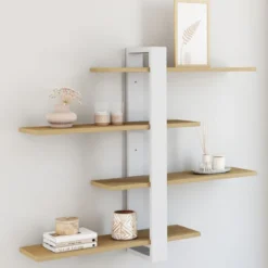 Etagère murale avec étagères coulissantes 4 niveaux façon hêtre et blanc