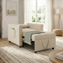 Fauteuil convertible lit d'appoint 1 place 69 x 170 cm tissu chenille beige