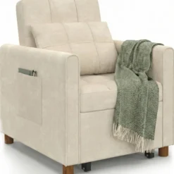 Fauteuil convertible lit d'appoint 1 place 69 x 170 cm tissu chenille beige