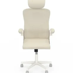 Fauteuil de bureau JAMES ergonomique en toile respirante et appui-tête avec roulettes beige et blanc