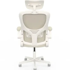 Fauteuil de bureau JAMES ergonomique en toile respirante et appui-tête avec roulettes beige et blanc