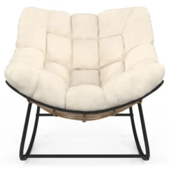 Fauteuil de jardin à bascule effet rotin avec coussin écru