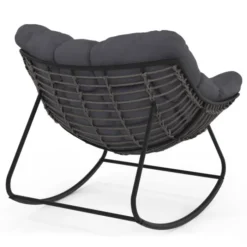 Fauteuil de jardin à bascule effet rotin gris avec coussin gris