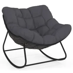 Fauteuil de jardin à bascule effet rotin gris avec coussin gris
