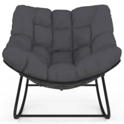 Fauteuil de jardin à bascule effet rotin gris avec coussin gris