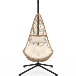 Fauteuil demi-lune suspendu ajouré effet rotin avec coussin écru