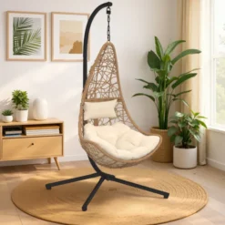Fauteuil demi-lune suspendu ajouré effet rotin avec coussin écru