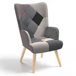 Fauteuil en tissu gris, blanc et noir style scandinave