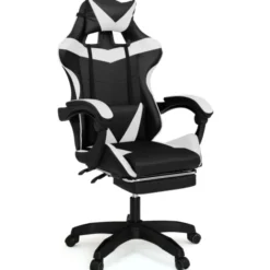 Fauteuil gamer réglable et inclinable avec repose-pied et coussins noir et blanc