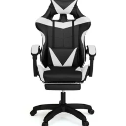 Fauteuil gamer réglable et inclinable avec repose-pied et coussins noir et blanc