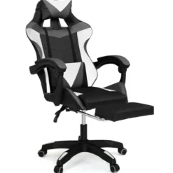 Fauteuil gamer réglable, inclinable avec repose-pied et coussins noir, blanc et gris