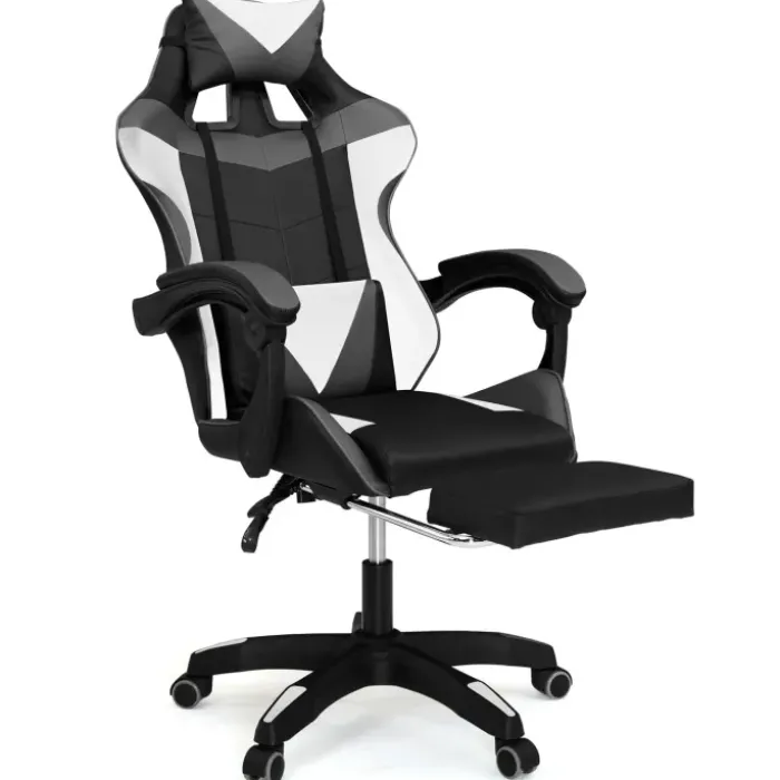 Fauteuil gamer réglable, inclinable avec repose-pied et coussins noir, blanc et gris