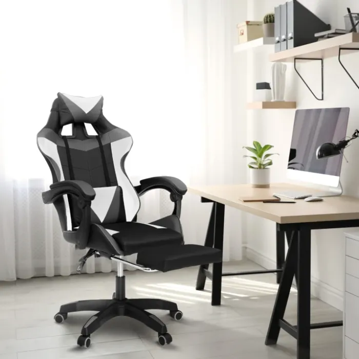 Fauteuil gamer réglable, inclinable avec repose-pied et coussins noir, blanc et gris