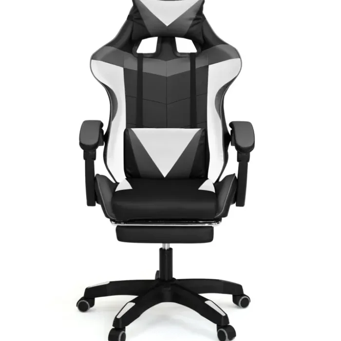 Fauteuil gamer réglable, inclinable avec repose-pied et coussins noir, blanc et gris