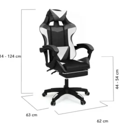 Fauteuil gamer réglable, inclinable avec repose-pied et coussins noir, blanc et gris