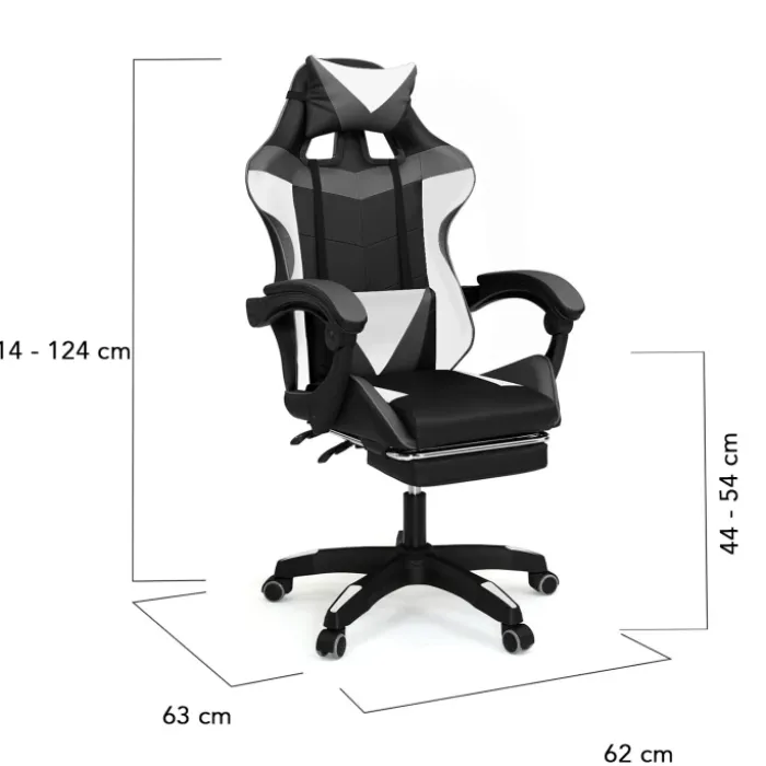 Fauteuil gamer réglable, inclinable avec repose-pied et coussins noir, blanc et gris