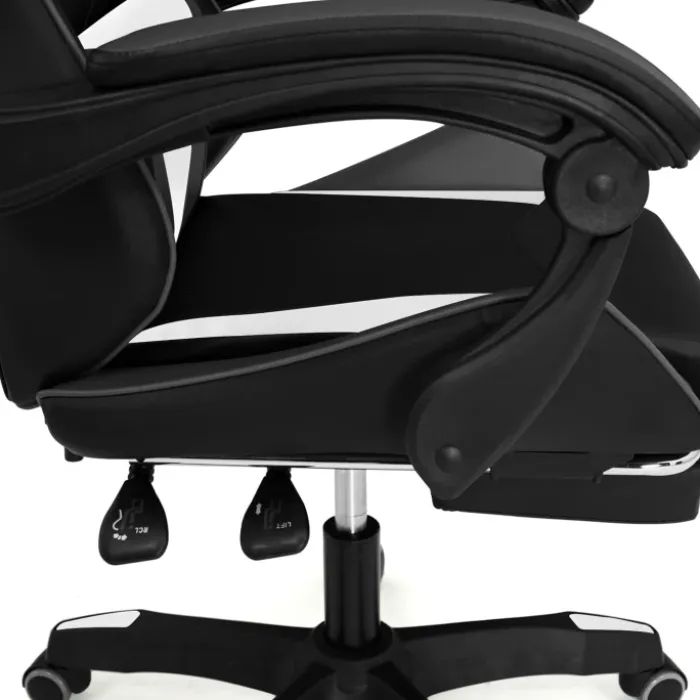 Fauteuil gamer réglable, inclinable avec repose-pied et coussins noir, blanc et gris