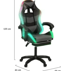 Fauteuil gaming LED noir et gris avec repose-pied, coussin tête + lombaire