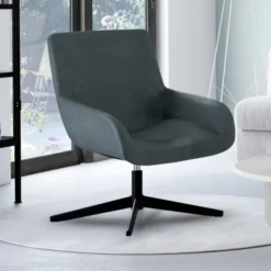 Fauteuil pivotant gris en velours et pieds noirs