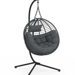 Fauteuil rond suspendu ajouré effet rotin gris avec coussin gris