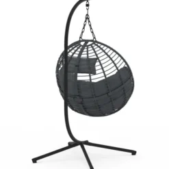Fauteuil rond suspendu ajouré effet rotin gris avec coussin gris