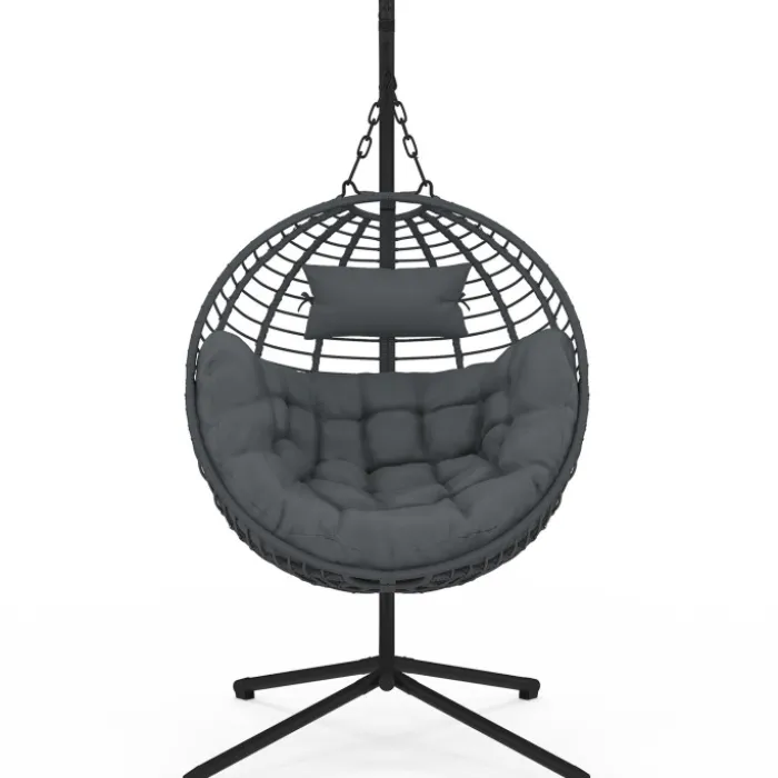 Fauteuil rond suspendu ajouré effet rotin gris avec coussin gris