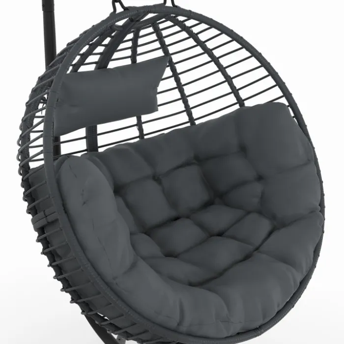 Fauteuil rond suspendu ajouré effet rotin gris avec coussin gris
