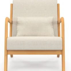 Fauteuil scandinave en tissu beige accoudoirs et pieds bois