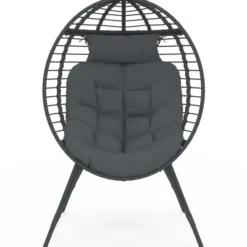 Fauteuil œuf sur pied ajouré gris effet rotin avec coussin gris