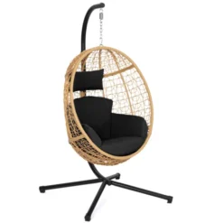 Fauteuil œuf suspendu effet rotin avec coussins noir