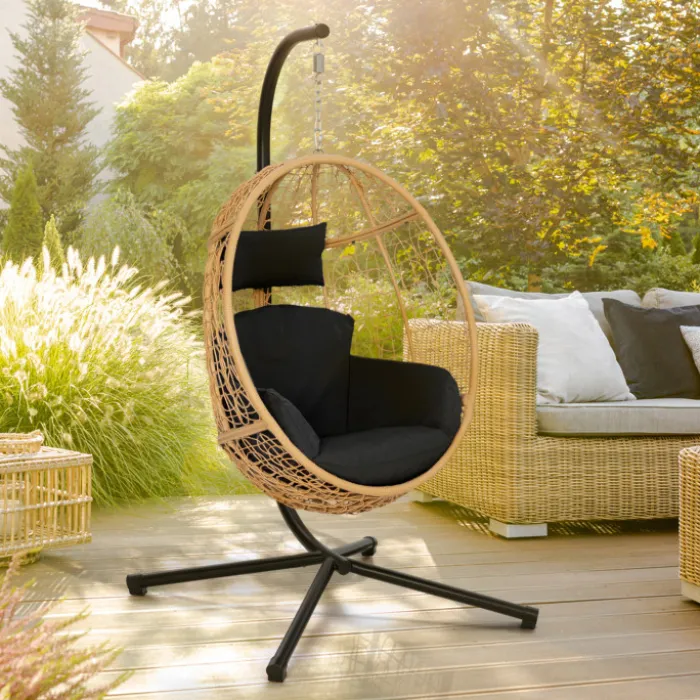 Fauteuil œuf suspendu effet rotin avec coussins noir