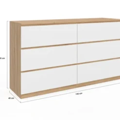 Grande commode 6 tiroirs façon hêtre et blanc