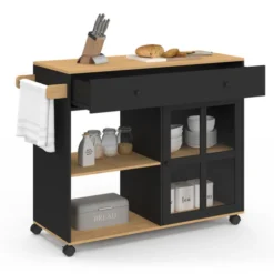 Grande desserte de cuisine avec placard vitré bois et noir
