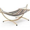 Hamac XL avec support métal effet bois et toile rayée noire, blanche et chocolat