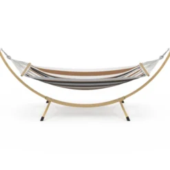 Hamac XL avec support métal effet bois et toile rayée noire, blanche et chocolat