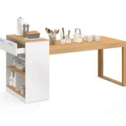 Ilot central avec table à manger 5 personnes GARY 190 cm blanc et plateau bois