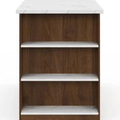 Ilot central 120 cm bois foncé effet noyer avec plan de travail effet marbre