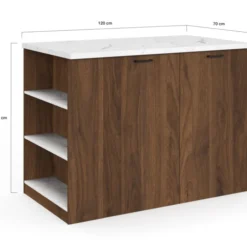 Ilot central 120 cm bois foncé effet noyer avec plan de travail effet marbre