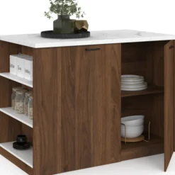 Ilot central 120 cm bois foncé effet noyer avec plan de travail effet marbre