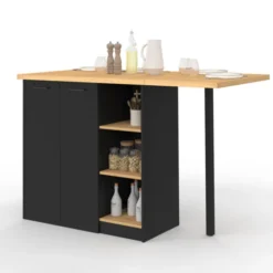 Ilot central 140 cm bois noir avec plan de travail façon hêtre