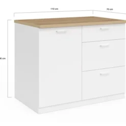 Ilot central 110 cm casserolier 3 tiroirs bois blanc avec plan de travail façon hêtre