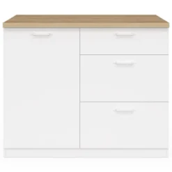 Ilot central 110 cm casserolier 3 tiroirs bois blanc avec plan de travail façon hêtre