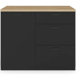Ilot central 110 cm casserolier 3 tiroirs bois noir avec plan de travail façon hêtre