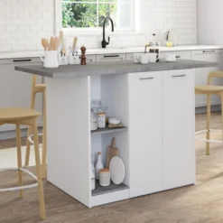 Ilot central 140 cm 4 personnes bois blanc avec plan de travail effet béton