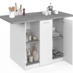 Ilot central 140 cm 4 personnes bois blanc avec plan de travail effet béton