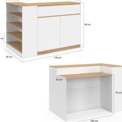 Ilot central 130 cm 2 personnes double plateau bois blanc avec plan de travail façon hêtre